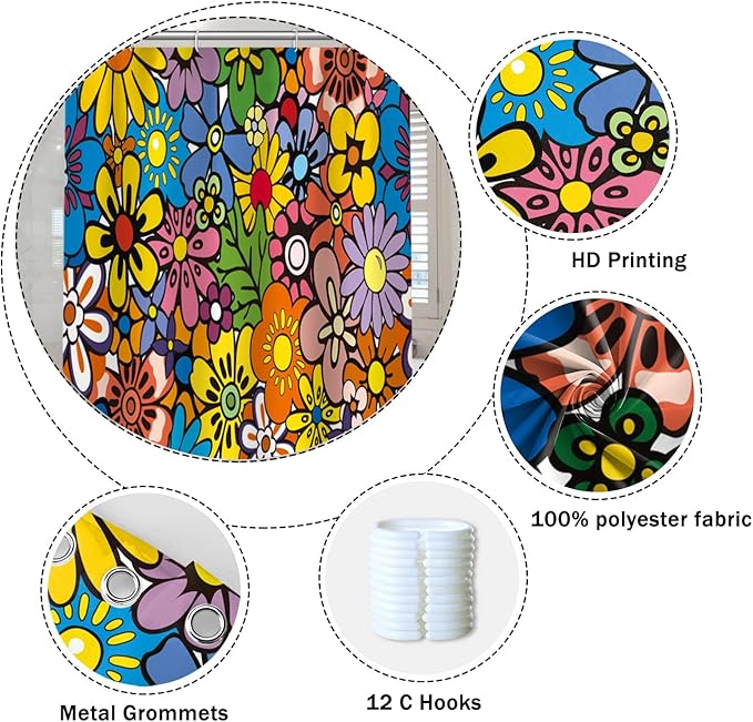 Bohemia Colorful Flowers Bathroom Shower Curtain Funky Retro Hippie 60s 70s Aesthetic Washable Polyester Durable Fabric Home Shower Curtain with Hooks, 60x72 Inch