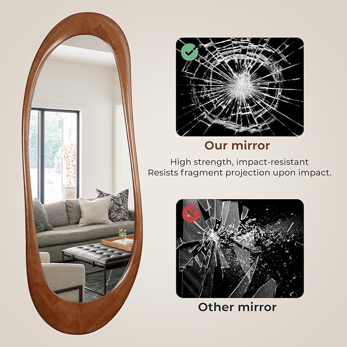 WallBeyond Asymmetrical Full Length Wooden Mirror, 22.5" x 63" Irregular Solid Wood Wall Mirror, Boho Decor for Bedroom Living Room Entryway, Mid-Century Modern, Natural