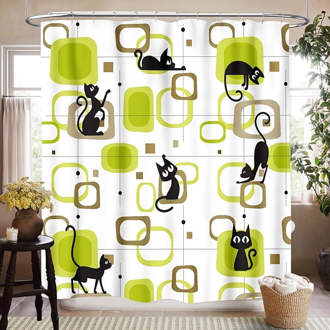 Mid Century Modern Shower Curtain for Bathroom, Vintage Abstract Geometric Green Black Cat Atomic Kittey Retro 1950s 1960s Waterproof Fabric Shower Curtain Set with Hooks, 72"x72"