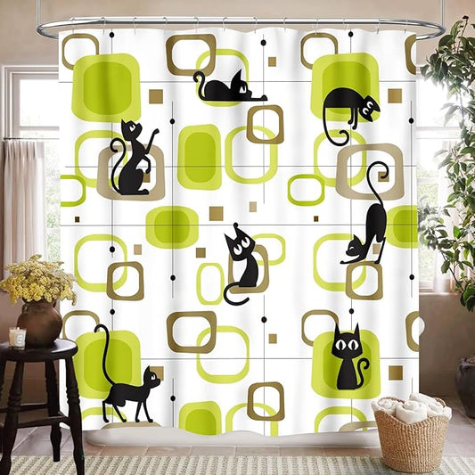 Mid Century Modern Shower Curtain for Bathroom, Vintage Abstract Geometric Green Black Cat Atomic Kittey Retro 1950s 1960s Waterproof Fabric Shower Curtain Set with Hooks, 72"x72"