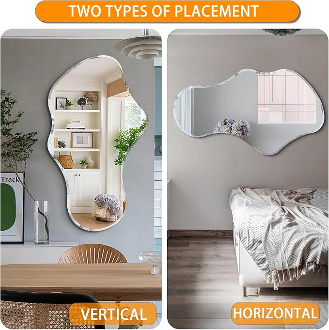 36 x 24 Beveled Edge Frameless Wall Mirror, Modern Asymmetrical Cloud Shape with a Wavy Irregular Design for Bathroom, Entryway, Bedroom, Living Room