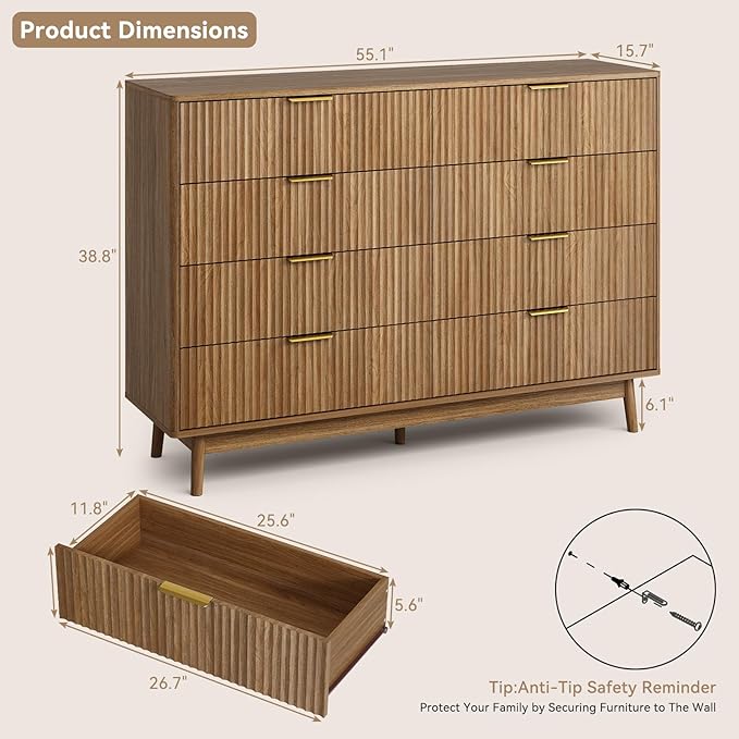 CARPETNAL Fluted Dresser and Nightstand Sets for Bedroom, 3 Pcs Bedroom Set, 8-Drawer Dresser & 2-Drawer Nightstand Set of 2, Modern Wood Chest of Drawers for Living Room, Entryway, Walnut