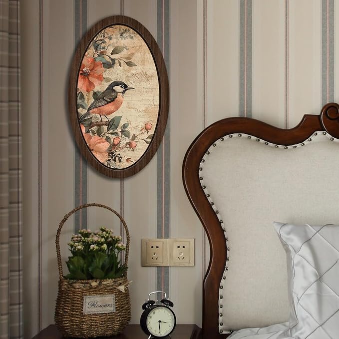 UYIKG Vintage Bird Floral Oval Wooden Framed Wall Art Decor,Rustic Farmhouse Cottage Core Decor,Vintage Wall Decor for Theme Room Home Bedroom Living Room Home Office 9x14.6 in