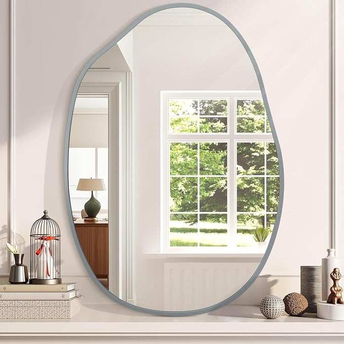 Large Irregular Wall Mirror Asymmetrical Mirror, 26"x37.5" Metal Framed Mirrors for Bathroom, Decorative Modern Wall Decor, Living Room, Entryway, Bedroom Gray