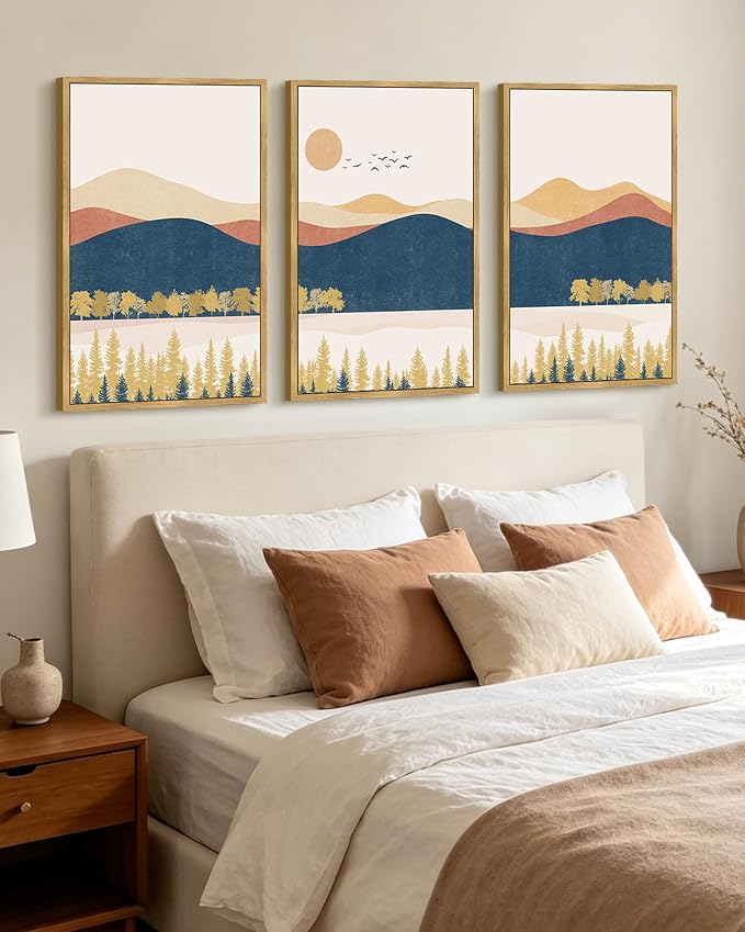 KUVIOKE Bohemain Mountain Landscape Framed Canvas Wall Art Watercolor Nature Artwork Painting Boho Farmhouse Rustic Room Decor for Bedroom Living Room 24x36in (Natural Framed)