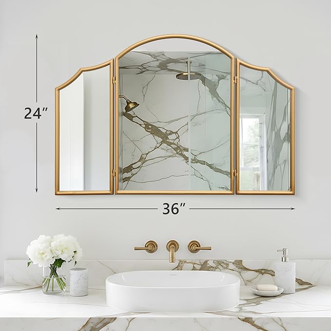 Besdomus Gold Scalloped Vanity Mirror: 36"x24" Large Modern Three Sided Dresser Miror - Minimalist Wood Frame 3 Way Trifold for Bedroom/Cloakroom/Dressing Room - Home Decor for Housewife