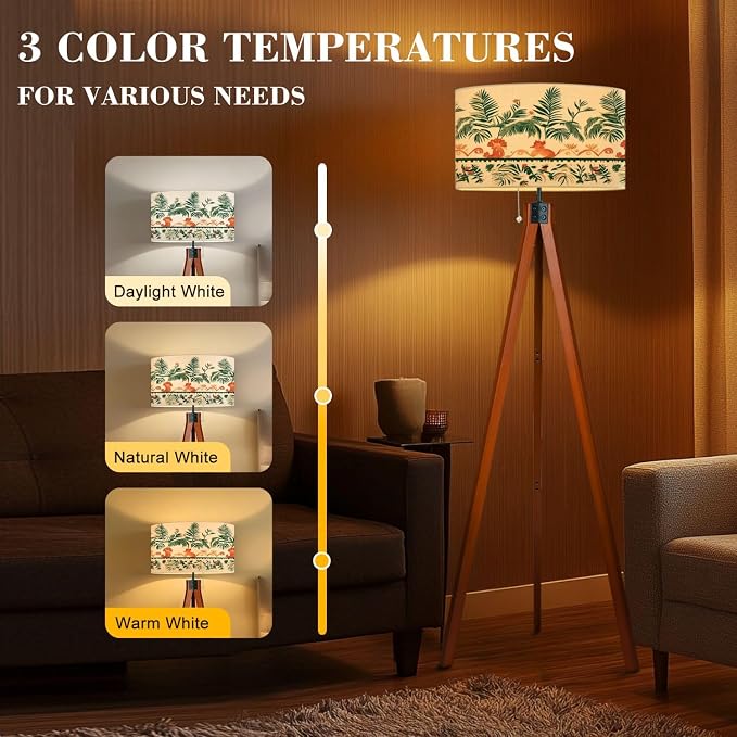 Wood Tripod Floor Lamp Tropical palm tree Asian tiger long seamless border Cute jungle repeat Mid Century Standing Lamp Linen Shade Dimmable Modern Tall lamp Home Decor for Living Room Bedroom Office