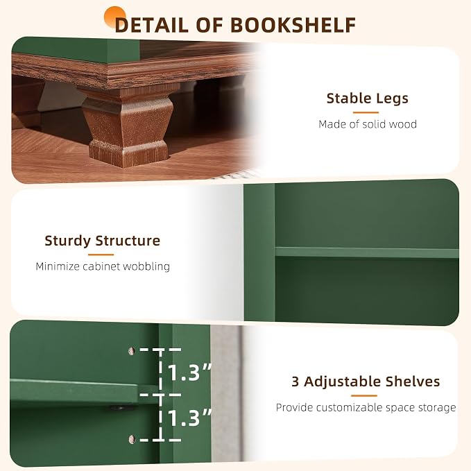 SAVOR LIFE 70" Tall Narrow Book Shelf, Wood Skinny Bookshelf with Adjustable Shelves & Wooden Legs, Farmhouse Bookcase w/5-Tier Storage, Free Standing Bookshlves for Office, Living Room, Green, 2PCS