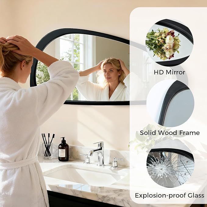 Asymmetrical Mirror, 48"x22" Irregular Mirror Full Length, Wood Wall Mirror for Bathroom Bedroom Living Room Entryway Hallway, Mid Century Modern Decor (Black)
