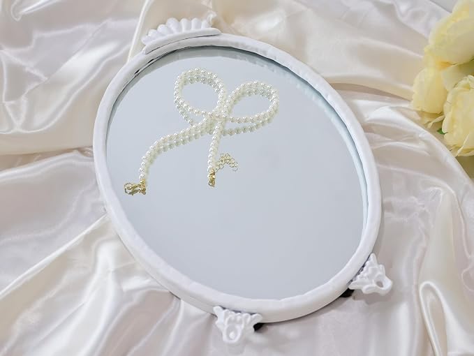 Gold Vintage Decor Vanity Mirror,Baroque Wall Art Retro Oval Mirror,Antique Wall Mirrors Decorative,Maximalist Decor Mirror for Desk Bedroom Bathroom Dresser Wall-Mounted,11.0" L x 7.9" W White