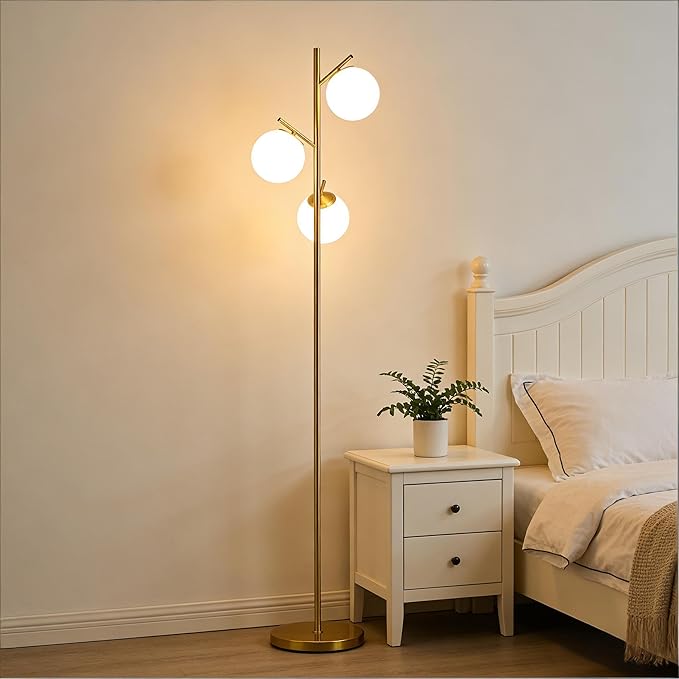 3-Light Tree Floor Lamp, Metal and Glass Modern Standing Lamp for Living Room Bedroom Office, 66.5" H, Gold and White