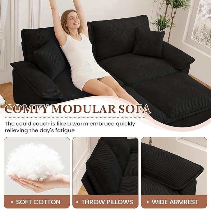 Modular Sectional Sofa Cloud Couch, Comfy Corduroy Loveseat with Ottoman Upholstered Deep Seat Sleeper Sofa Bed 2 Seater Couch Oversized Chaise Lounge Chair Indoor for Living Room Bedroom, Black