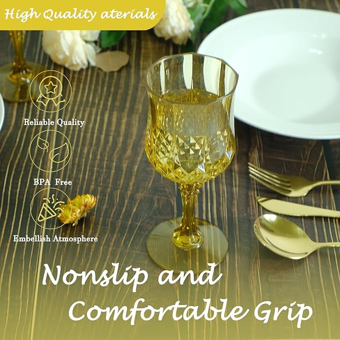 Plastic Wine Glasses, Plastic Goblets Vintage Style Cordial Drinking Glasses for Valentine’s Day, Wedding Reception, Grand Event Party Supplies (100, Gold)