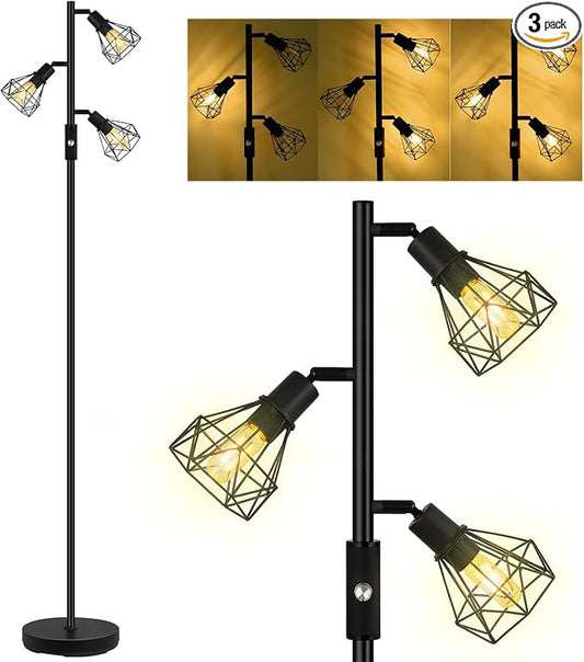 Floor Lamp, Industrial Floor Lamps for Living Room,Tree Standing Lamp Bright with 3 Charm Diamond Head 1200 Lumens Edison Bulbs LED,3 Way Switch,Modern Stand up Lamp for Bedroom Office Farmhouse