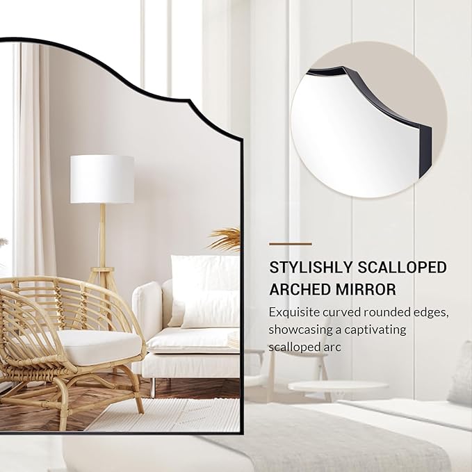 ANDY STAR Scalloped Arched Mirror, 36x26 Inch Black Mantle Mirror with Stainless Steel Metal Frame, Modern Wall Mirrors for Bathroom, Bedroom, Fireplace, Living Room, Entryway Hangs Vertically