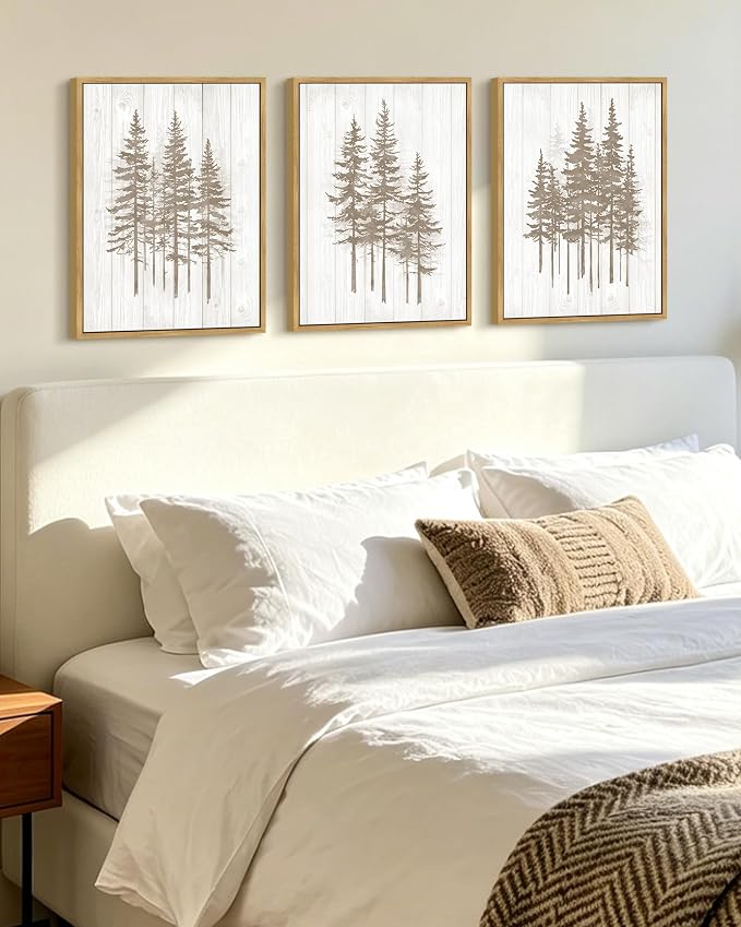 KUVIOKE Foggy Misty Pine Tree Framed Wall Art Watercolor Nature Abstract Forests Wall Decor Rustic Minimalist Painting for Bedroom Dining Room 12x16in (Natural Framed)