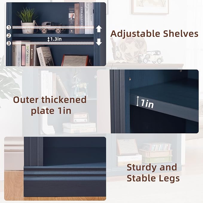 RWYHG 43" Blue Tall Bookshelf Set of 2,3-Tier Thick Wooden Book Shelf with Adjustable Shelves,Free Standing Farmhouse Bookcase with Open Display Storage,Floor Vintage Bookshelves for Living Room