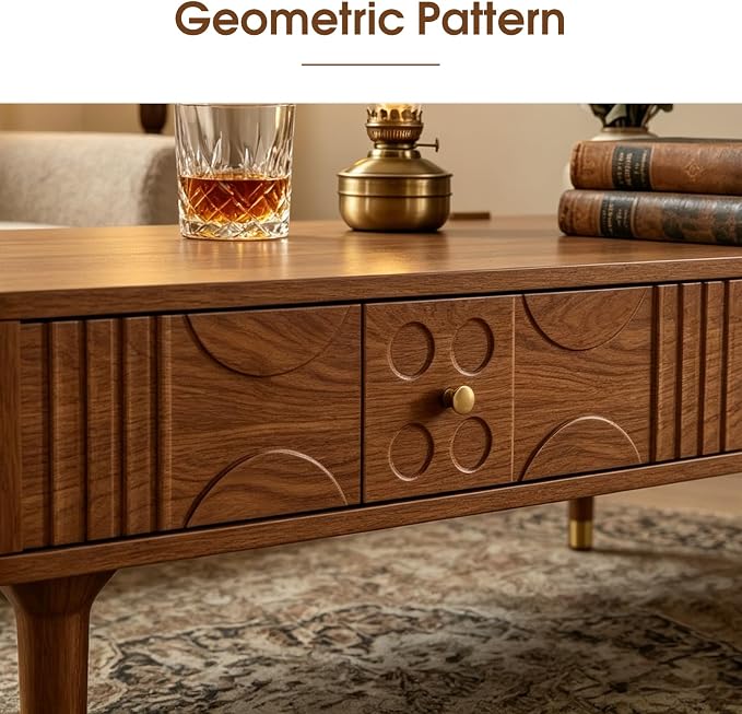 47.2" Coffee Table – Rustic Solid Wood & MDF Coffee Tables, Mid Century Modern Center Table with Tapered Legs for Living Room, Walnut