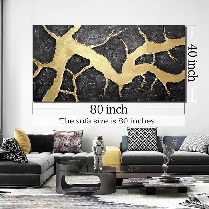 DNIEOTU Hand Painted Abstract Wall Art for Living Room, Black and Gold Canvas Wall-Decor for Bedroom, 3D Textured Paintings for Hallway Office, Large Size 80 x 40 Inches