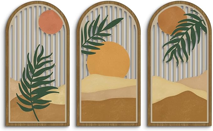 Putuo Decor Boho Wall Art Set of 3, Modern Minimalist Wooden Wall Decor, Nature-Inspired Abstract Aesthetic Room Decorations, Mid-Century Artwork for Living Room, Bedroom, Office (Brown, 16×8 in