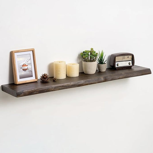 Fun Memories Floating Shelves for Wall Decor Set of 1-40 Inch Solid Elm Wood Live Edge - Rustic Walnut Wall Shelves with Invisible Brackets - for Living Room, Bedroom, Kitchen - Walnut Finish