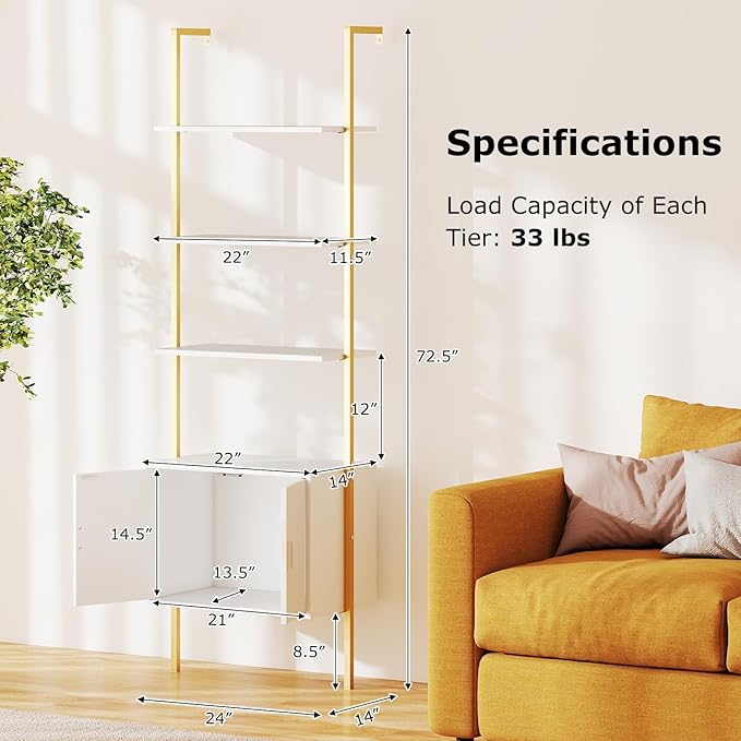 Giantex 5-Tier Wall-Mounted Ladder Shelf, 72.5" Tall Bookshelf w/ 2-Door Cabinet, Modern Style Kitchen Open Shelving Organizer, Heavy-Duty Metal Frame Display Rack for Living Room,White & Gold