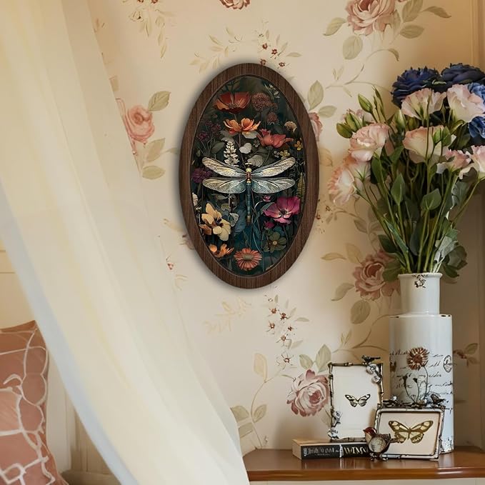 UYIKG Vintage Dragonfly Wall Art Decor,Dragonfly Floral William Morris Oval Wall Decor, Rustic Farmhouse Cottagecore Wooden Framed Wall Decorations for Theme Room Home Bedroom Living Room 9x14.6 in