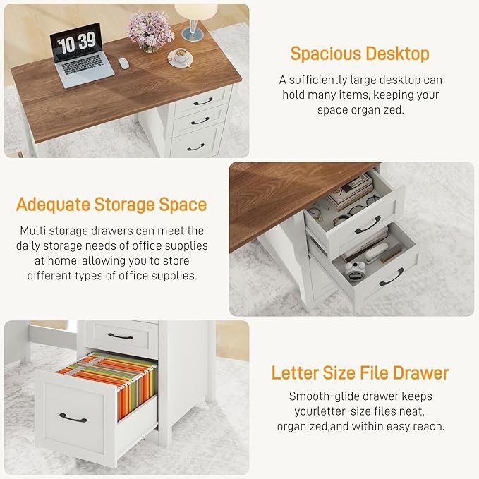 Vabches Farmhouse 47” Executive Desk with File Drawer, Mutual Installation Rustic Computer Desk with 2 Storage Drawers,Office Home Workstation for Study Work Writing, Unique White