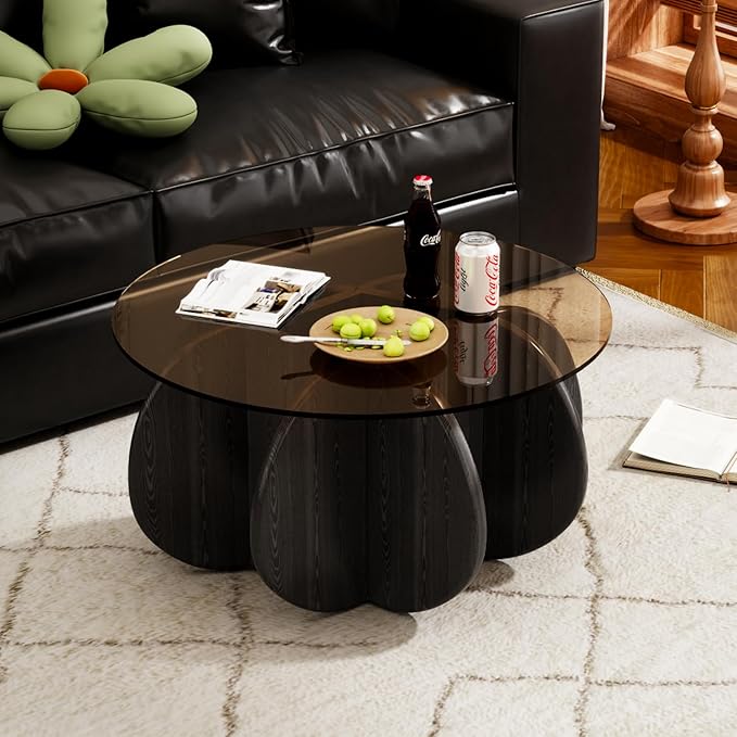 31.5'' Round Coffee Table with Tempered Glass Top, Mid-Century Modern Cocktail Table with Sturdy Wood-Inspired Base, Small Space Living Room Center Table, Easy Assembly (Black + Brown)