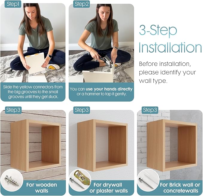 Kaboon Cube Floating Shelves Set2, Display Shelves Wall Mount 7.75" D x 12.5" W x 12.5" H, (Light Walnut, Square 2 Cubes)