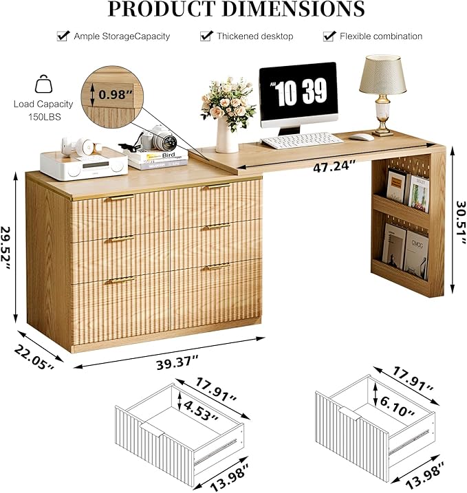 Ieejdn L Shaped Expandable Desk,47" Home Office Desks, Executive, Farmhouse Computer Desk with 6 Drawers File Drawer, Rustic Computer Writing, Oak