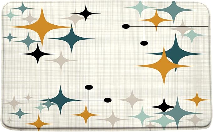 Mid Century Bath Mat Retro Atomic Stars 1950s 1960s Vintage Geometric Pattern Abstract Iconic Modern Orange 19.7x31.5 Inches Polyester Fabric Bathroom Rugs