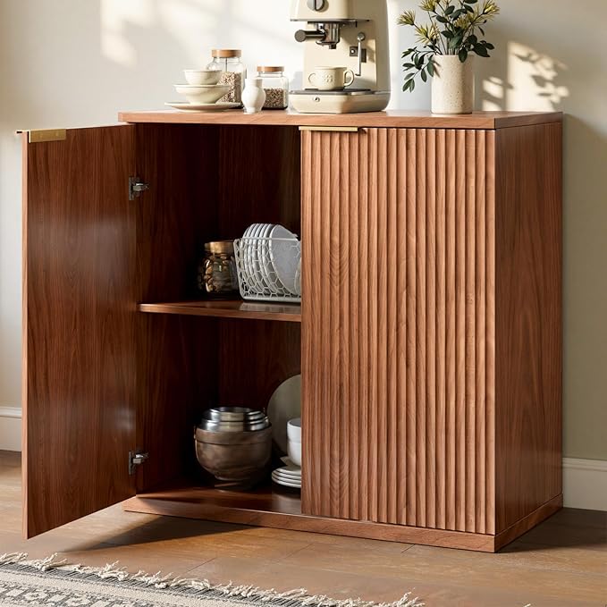 Evermagin 63" Walnut Buffet Cabinet with Storage, Large Sideboard Cabinet, Boho Fluted Accent Credenza for Dining Room, Kitchen, and Living Room