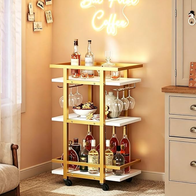 YATINEY 3 Tier Bar Cart, Home Bar Serving Cart with Wheels, Drink Cart with Glass Holder, Beverage Cart, Mobile Kitchen Cart, for Home, Garden, Party, Gold BC09DW