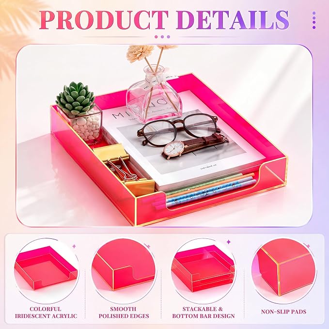 Maxcheck 2 Pcs 12.6 x 10.2 x 2.1'' Acrylic Letter Tray Organizer Stackable Desk Paper Tray with Non Slip Rubber for Office Accessories Desk File Document Folder (Neon Pink)