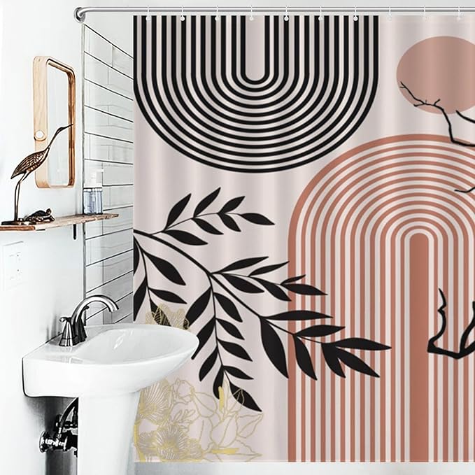 Abstract Mid Century Plant Shower Curtain Boho Retro Tropical Sun Arch Minimalist Modern Aesthetic Geometric Washable Waterproof Fabric for Bathroom Decor Bathtub with 12 Hooks 66x72in（168x183cm）