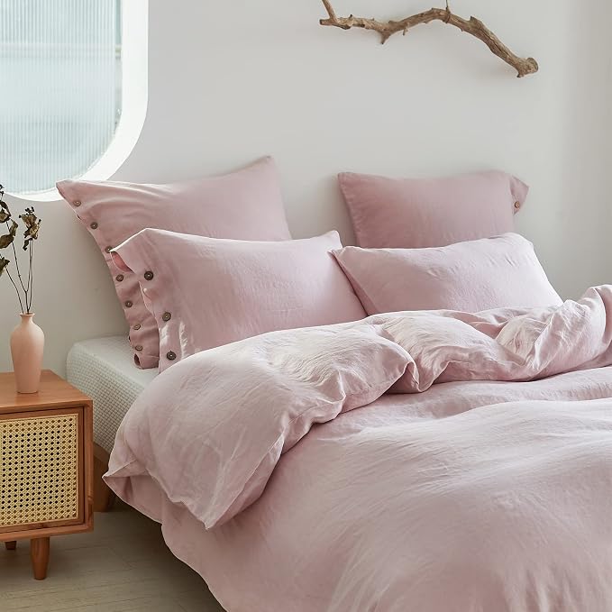 Simple&Opulence 100% Linen Duvet Cover Set 3pcs with Coconut Button Closure Natural French Washed Flax Solid Color Soft Breathable Farmhouse Bedding - Blush Pink, King Size