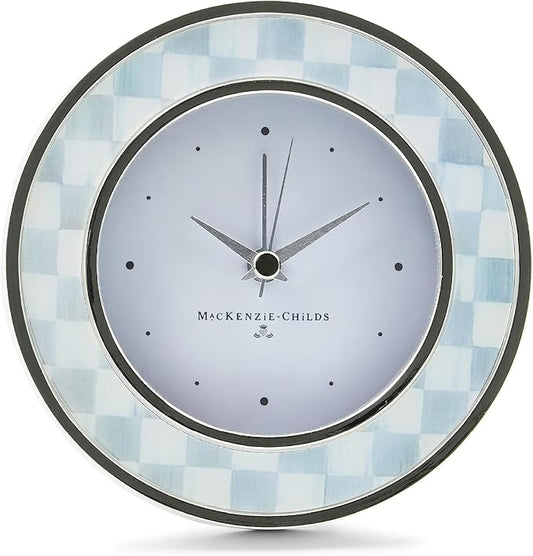 MACKENZIE-CHILDS Silver-Plated Round Desk Clock, Decorative Clock for Living Room, Kitchen, or Office, Gray-and-White Sterling Check