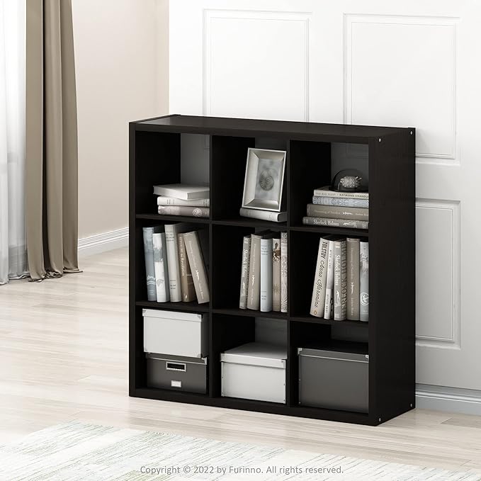 Furinno CUBICLE Book Shelf, 9-Cube Bookshelf, Extra Thick Frame Reversible Bookcase with Open Back, 14.6" x 44" x 44", for Living Room, Bedroom, Home Office, Black Dark Oak