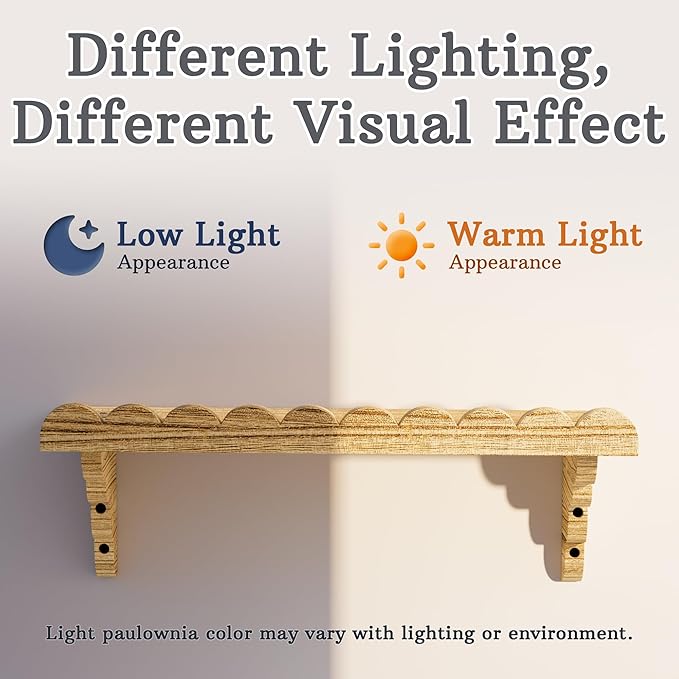 Scalloped Wood Wall Shelf – 17 Inch Floating Shelf with Wood Brackets, Easy to Install Rustic Wall Shelf for Living Room, Bedroom, Bathroom, or Any Space - Light Brown