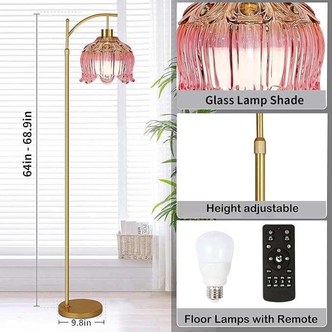ILLMTW Pink Floor Lamp for Living Room,Bedroom,Glass Mid Century Modern Standing Lamp with Remote,Dimmable Gold Brass Tall Lamp Tulip Flower Arc Floor Light Boho Bohemian