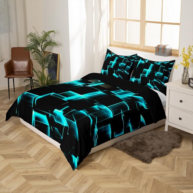 Erosebridal Modern Kids Duvet Cover, 3D Plaid Square Print Full Size Bed Cover for Teen Boys, Black and Teal Soft Microfiber Bedding Sets for All Seasons, 3 Piece