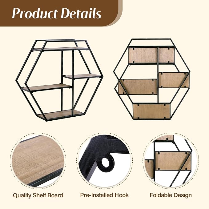 Industrial Style Hexagon-Shaped Wall Shelves, 3 Tier Decorative Floating Ledge Shelves, Wall Mounted Metal Bracket Wooden Display Hanging Shelf