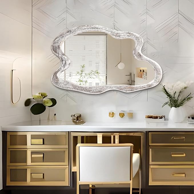 AAZZKANG Irregular Wall Mirror Wooden Large Asymmetrical 24"x16" Decorative Hanging Mirrors for Bedroom Dressing Room Living Room Bathroom Entryway White