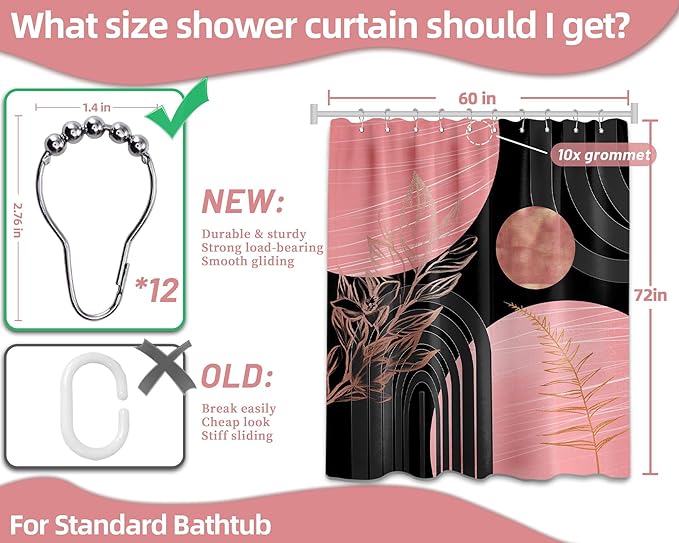Black and Pink Shower Curtain Boho Mid Century Dark Pink and Gray Shower Curtains for Bathroom Decor, Waterproof Cloth Fabric with Hooks, 60" W x 72" L