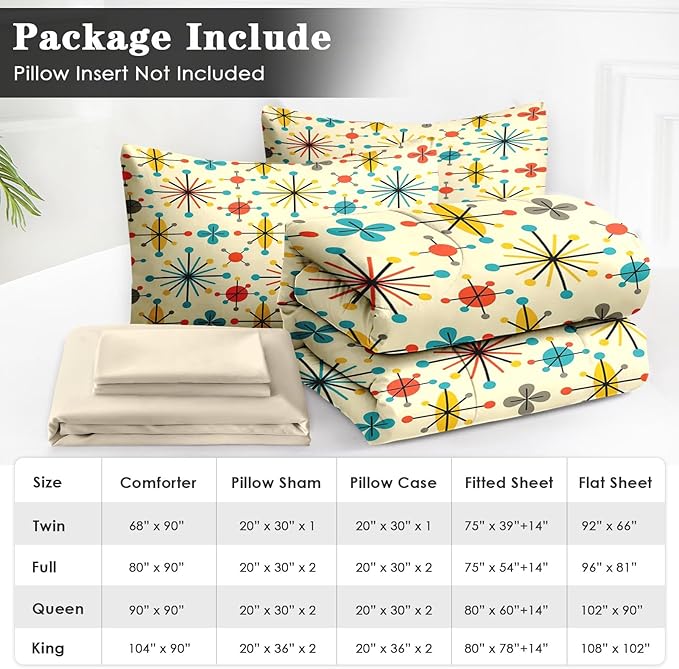WeCozy 7 Pcs Queen Size Comforter Set with 2 Pillowcases & 2 Shams, Retro Mid Century Atomic Bedding for Kids and Adults, 50S Vintage Geometric Bed in a Bag with Flat Fitted Sheet