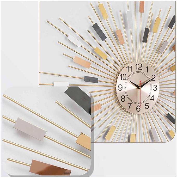 Gold Sunburst Wall Clock for Living Room - Large Non-Ticking Silent Modern Decor - Elegant Metal Dial Clock for Bedrooms