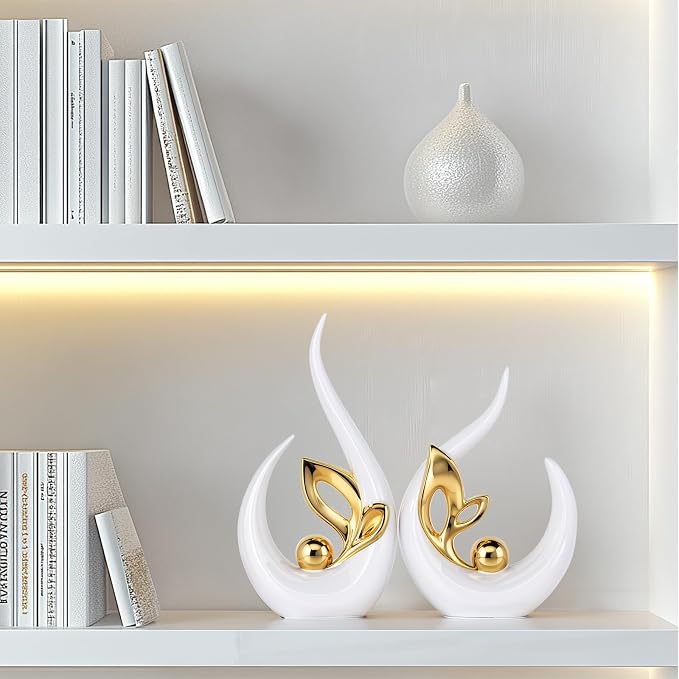 White Gold Home Decor Accent,Abstract Ceramic Statue and Sculptures for Living Room,Mid Century Modern Decor for Desktop Bookshelf tv Stand Fireplace Coffee Table Centerpieces Decorations