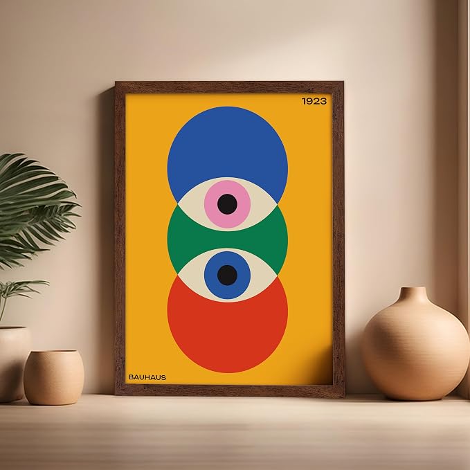 Poster Master Bauhaus Poster - Abstract Eyes Print - Graphic Design Art - Eye Art - Geometric Art - Chic Boho Art - Mid Century Modern Art - Living Room or Bedroom Wall Decor - 16x20 Brown Framed