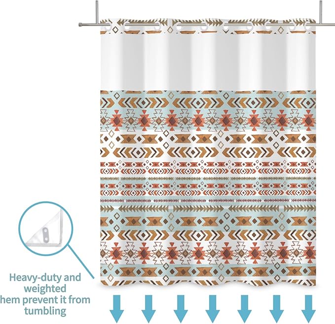 Boho Shower Curtain with Snap in Liner No Hook Mid Century Abstract Curtains for Bathroom Decorations Arch Sun Palm Leaf Waterproof Fabric Bath Accessories Washable 71x74 Inch